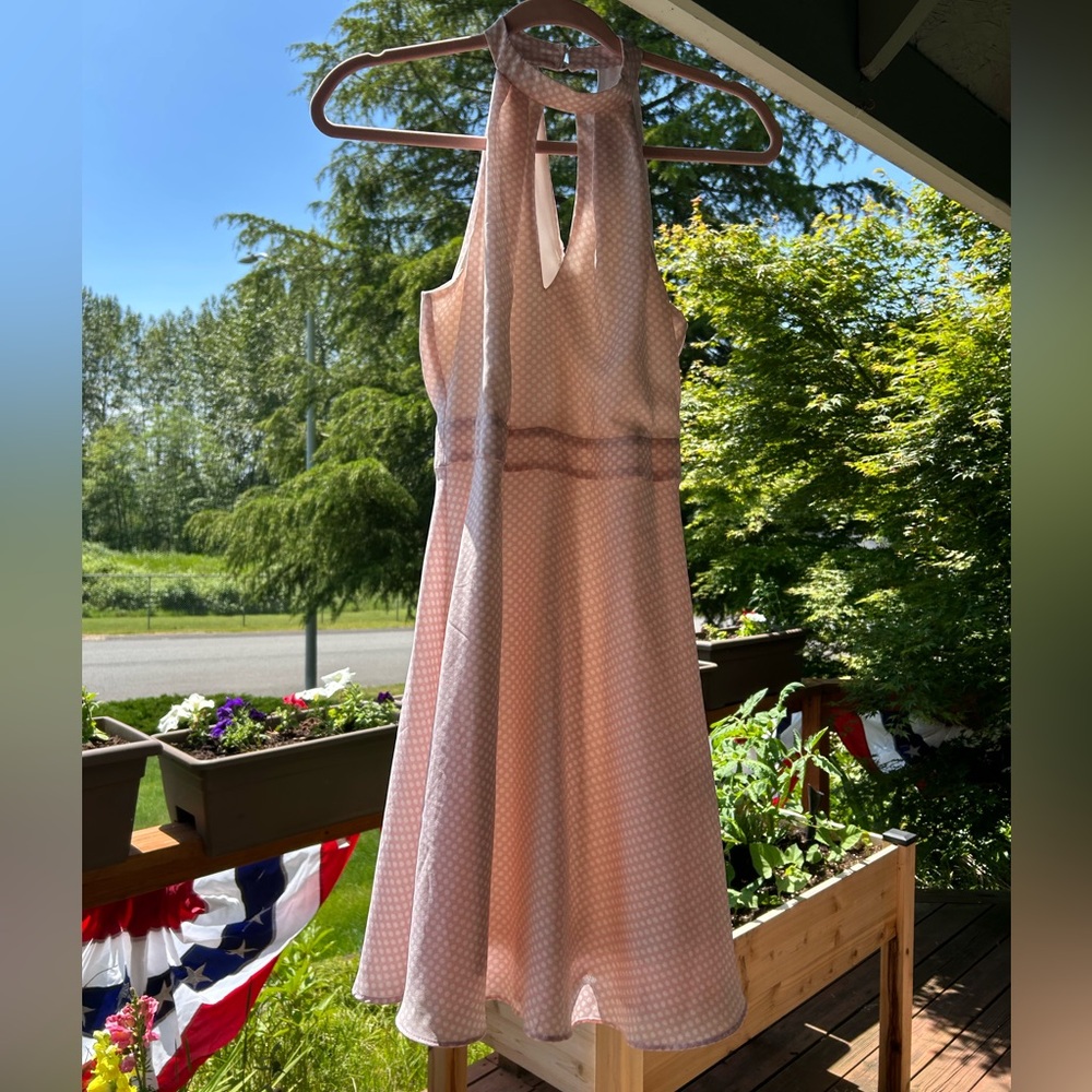 Express Pink And White Polka Dot Halter Top Skater Dress